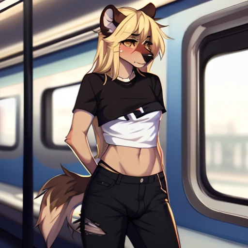 (By hyattlen, by fumiko, by claweddrip):1.2, solo, one girl, a cute tan anthro furry hyena girl, female, fluffy brown ears, (tan_fluffy_body:1.1), bulge in pants, futa, sexy, big bulge, ripped pants, penis seeable through rips in pants, hyena penis, big dick, subway, train, random people staring, embarrassed, wet pants, cum through pants, black nose, faded yellow eyes, (cute_snout:1.1), fluffy tail, long blonde hair, visible fangs, small breasts, wearing torn white t shirt, black shorts, torn_clothes:1.2, sitting on a couch, in an ugly dirty room, sad, looking away, dark room, shadows, detailed intricate background, dimly lit room, nighttime, (long-shot:1.1)