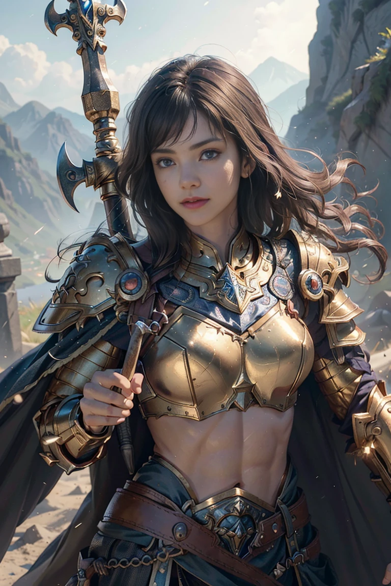 ((Well toned abs)), 8K, Ultra Definition, of the highest quality, (Very detailed), Dynamic angles, mysterious look, Wind-effect, Fantasy background, Rim lighting, Cinematic lights, Ultra High Resolution, 8K UHD, Film grain, better shadows, Gentle, raw, light Particle, Detailed skin texture, detailed armor texture, Detailed face, Intricate details, super detailed, Bright, Strong, golden armour, (Holding hammer), Slashing, Crushing action, pauldron, Long cape, Fantasy, (Realistic), Shoulder Armor, Convoluted, with an intricate, Perfect Lighting, watching viewer, Cinematic lighting, Flying Keywords: Flying, Holy Light, Vibrant, Bangs, Wind, Paladin