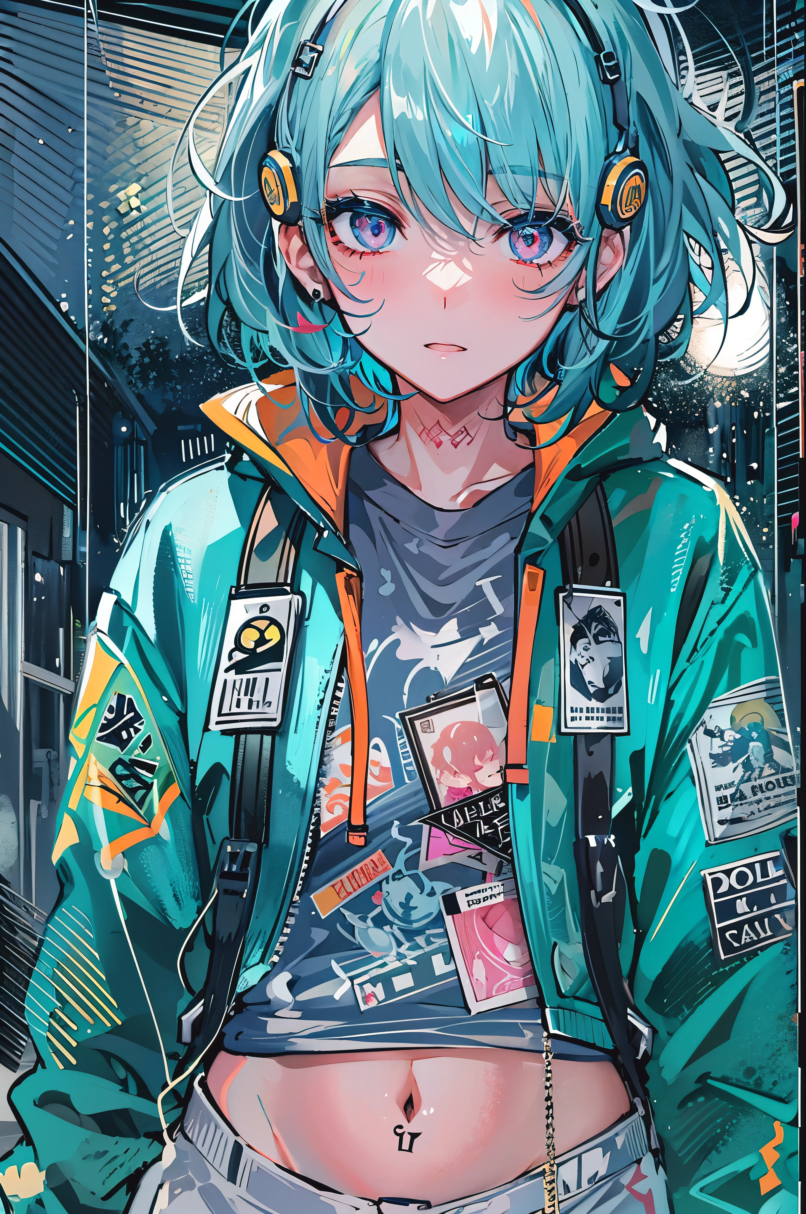 ((8K resolution))、((highest quality))、((masterpiece))、((super detailed))、1 female、solo、incredibly absurd、oversized hoodie、headphones、street、outdoor、rain、neon、short cut hair、bright colored eyes、put one's hand in one's pocket、shorts、water dripping, step piece, cool blue open short jacket, tattoo, Messy Fade Cut Hair,quirky sneakers,Eyeshadow on the eyes,unusual colored eyes, Vivid eyes,