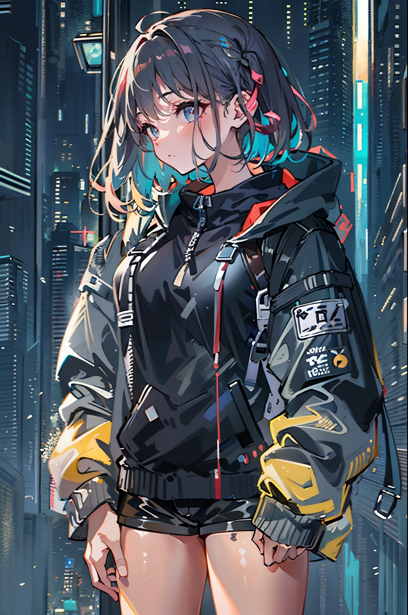 8K resolution、((highest quality))、((masterpiece))、((super detailed))、1 female、solo、oversized hoodie、headphones、street、outdoor、rain、neon、short cut hair、bright colored eyes、put one's hand in one's pocket、shorts、water dripping、downer style