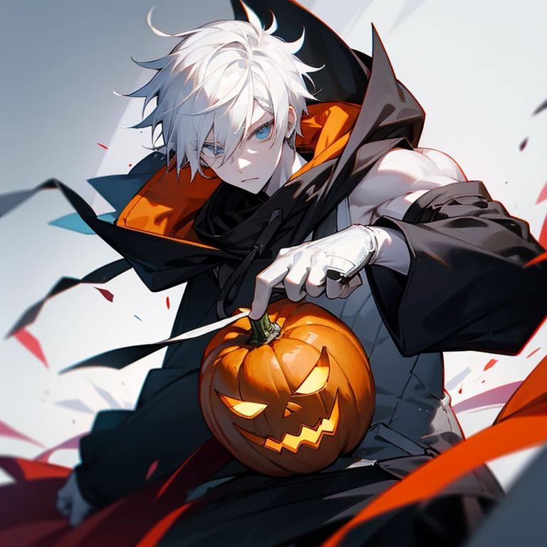 white hair, black sleeveless hoodie, pumpkin mask, male, white skin, black gloves