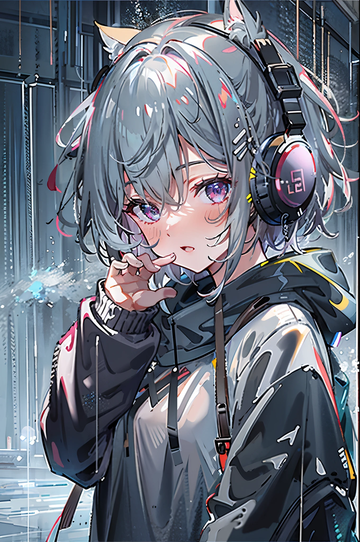 8K resolution、((highest quality))、((masterpiece))、((super detailed))、1 female、solo、oversized hoodie、headphones、street、outdoor、rain、neon、short cut hair、bright colored eyes、put one's hand in one's pocket、shorts、water dripping、downer style
