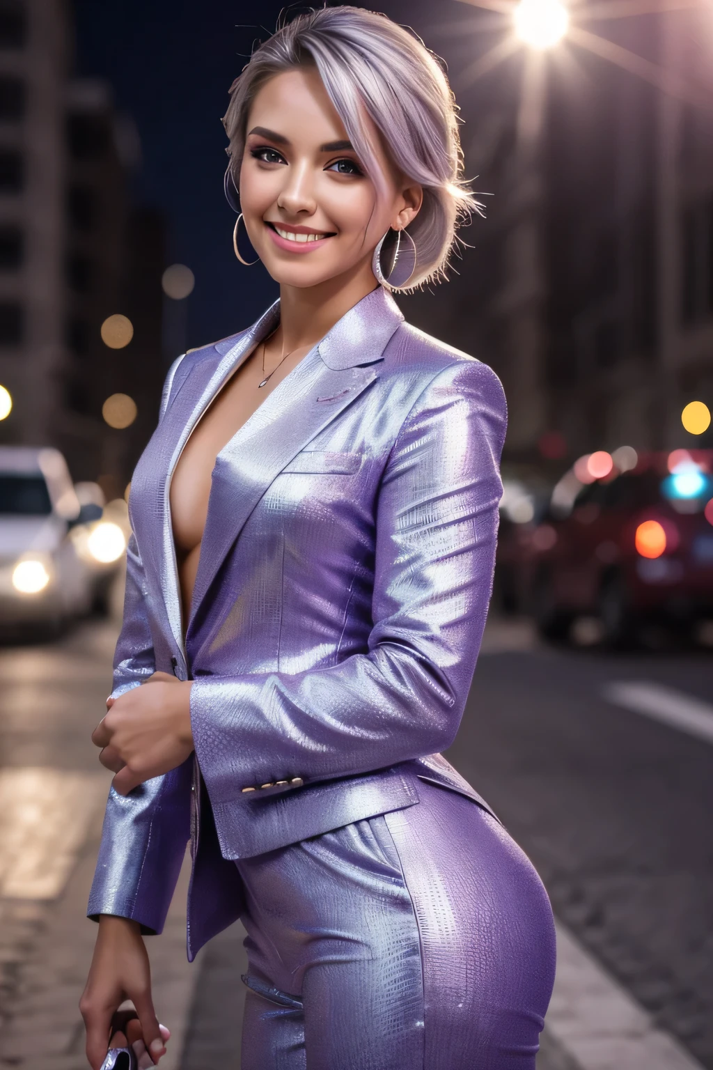 UHD, Masterpiece, (body postrait:1.4), textured skin, super detailed, high quality, award wining, best quality, en plein air, cinematic lighting, silver hair, purple eyes, earrings, light smile, high school girl, pantsuit