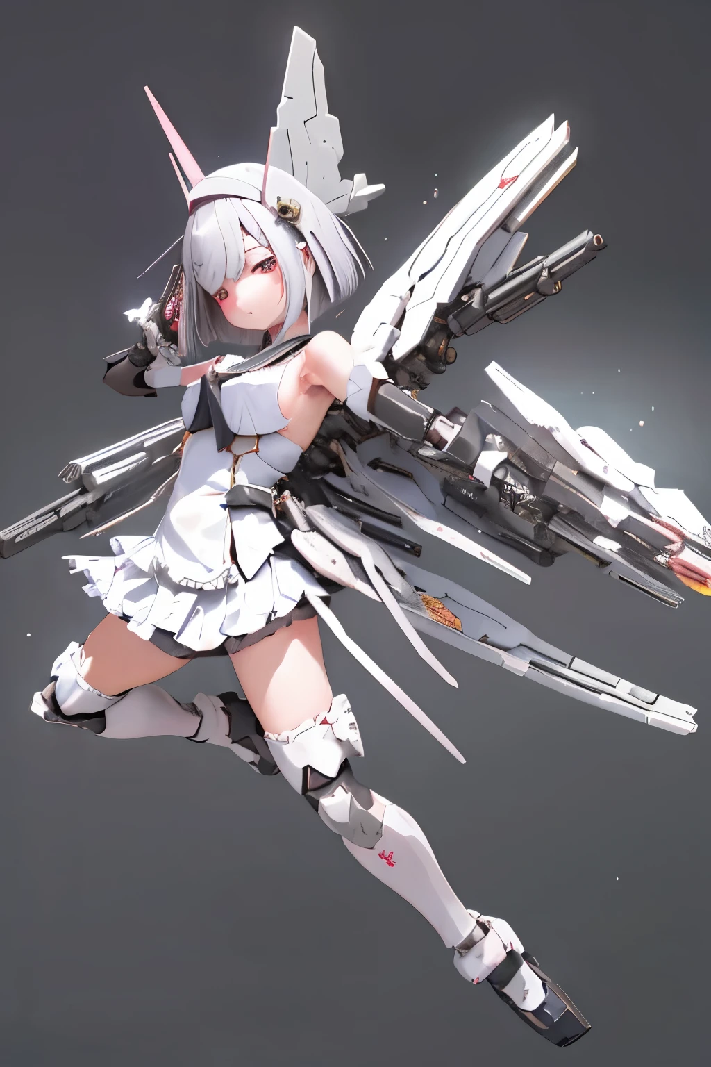 (highest quality)), ((masterpiece)), (very detailed: 1.3), 3D, {(japanese young girl)}, japanese girl wear gothic lolita clothes with white frills, (She is fused with futuristic Gundam mecha:1.2), with headgear, with v-fin , armored shoulders,armored under arms, armored under legs, multilayer textureperfect proportions, octane rendering, duotone lighting, Low ISO, wide aperture, White balance, Rule of thirds, ultra HD16k, HDR (High Dynamic Range), Ray Tracing, NVIDIA RTX, Super Resolution, Subsurface Scattering, PBR Texturing, Post Processing, Anisotropic Filtering, Depth of Field, Maximum Clarity and Clarity, High efficiency subpixel, subpixel convolution, particles of light, light scattered, Tyndall effect, full body:1.5, battle pose, cute, (cute:1.2), (bob cut:1.3),三つ編み, 黒髪, 太い眉毛, 薄い色の虹彩, 大きくて輝いている黒い瞳, 長いまつげ, 小さく薄い色の自然な唇, (Average face of Japanese idols), (日本人特有の童顔:1.3), (), 広いおでこ:1.2, ふっくらした頬, 小さな顎, visible side boob, (holding a huge weapon:1.5), in the hangar,looking at viewer,Focus on the eyes 