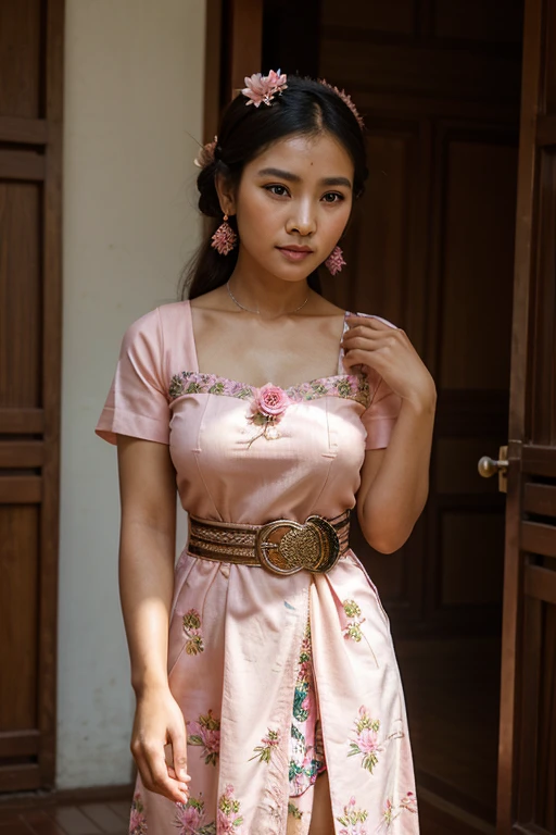 a close up of a woman in a pink dress with a flower on her belt, a picture by I Ketut Soki, tumblr, dau-al-set, nivanh chanthara, traditional beauty, traditional dress, south east asian with long, lovely woman, traditional art, in style of lam manh, sukhothai costume, traditional clothes