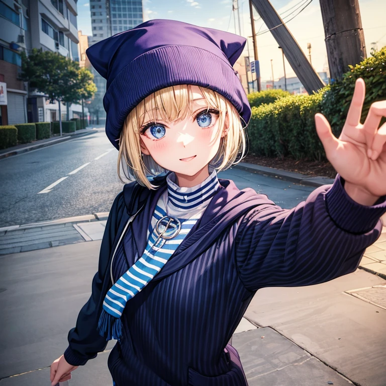 elementary school slender girl((flat )), blonde hair (( straight short hair ))(( a bit smooth curl)), Wearing a sweater(( colored blue, black vertical stripes)), anorak ((purple and indigo )), and black long pants,white beanie and deep blue muffler, bright smile (( the corners of her mouth rise)), round crystal blue eyes, a gentle wind blowing at a field , pose of looking back, stretch her arms forward 