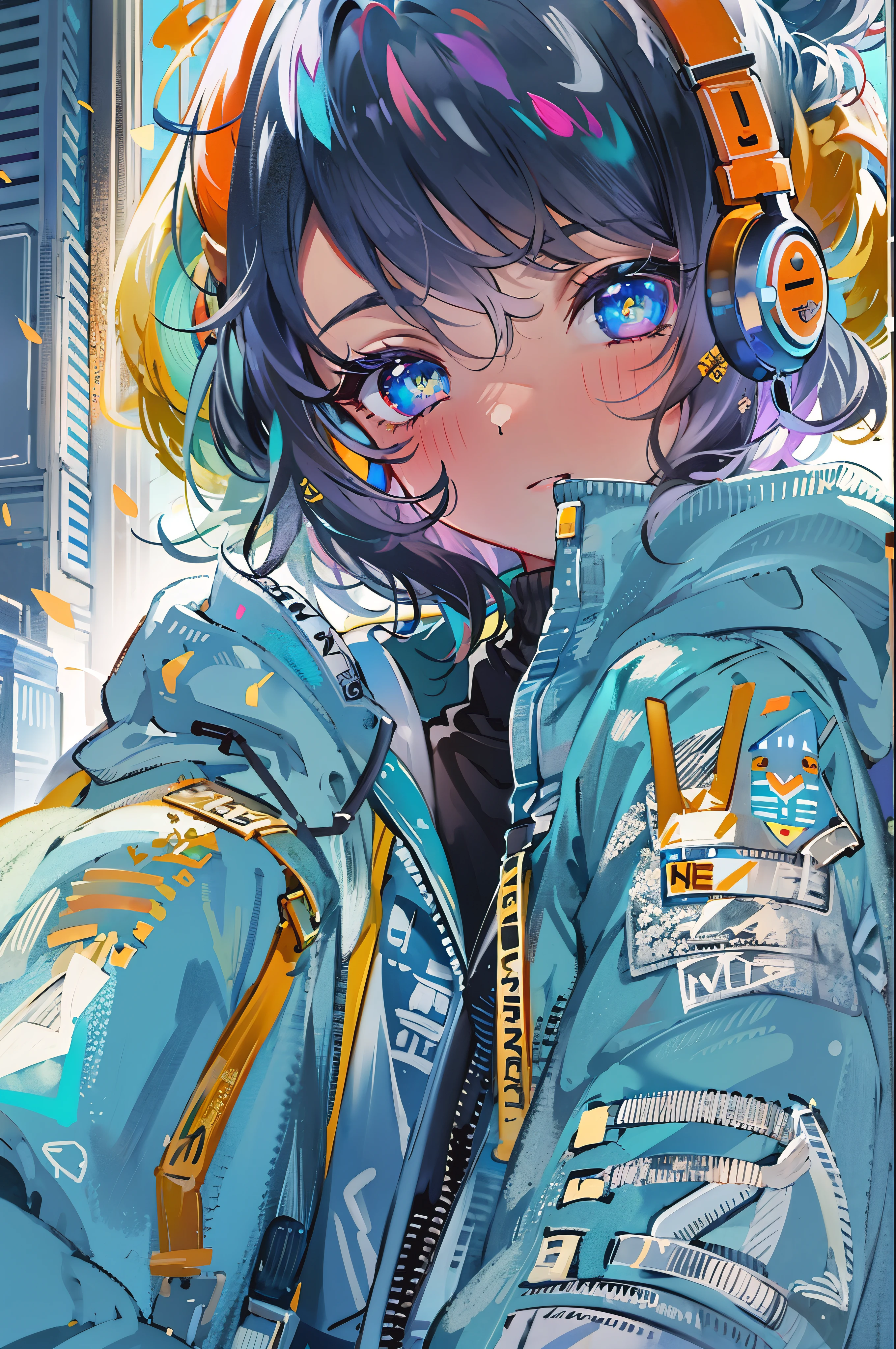 ((8K resolution))、((highest quality))、((masterpiece))、((super detailed))、1 female、solo、incredibly absurd、oversized hoodie、headphones、street、outdoor、rain、neon、short cut hair、bright colored eyes、put one's hand in one's pocket、shorts、water dripping, step piece, cool blue open short jacket, tattoo, Messy Fade Cut Hair,quirky sneakers,Eyeshadow on the eyes,unusual colored eyes, Vivid eyes,