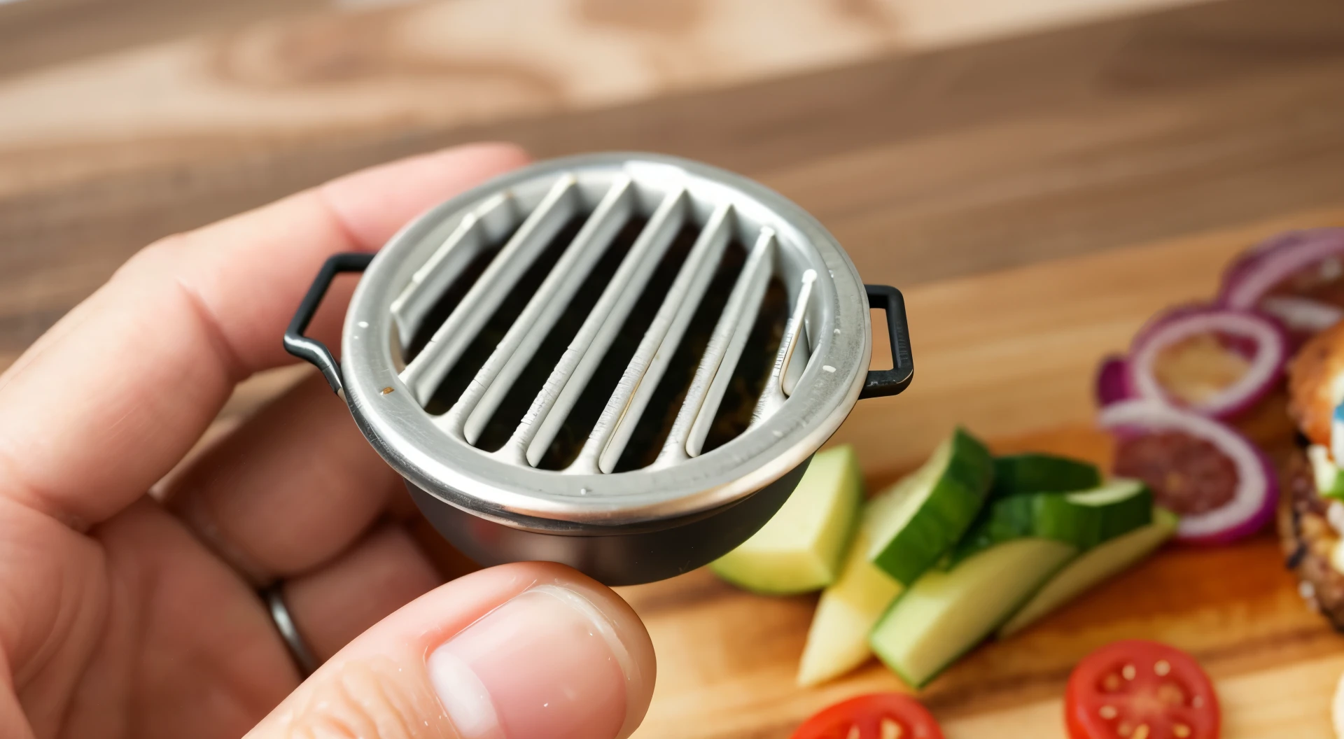 fingers holding a miniature grill, ingredients for making burgers are nearby, buns, cucumbers and onions, there are sauces with ketchup and mustard, on the table, Realistic photo, realistic textures, realistic style, macro texture, macrophotography , Detail is high, someone is holding a Miniatures hamburger and a hamburger patty on a grill, Miniatures photography closeup, Super realistic picture of food, food close up, nuggets and sausage on a plate, Miniatures, 1/320, high angle Close-up shot, 4k food photography made from polymer clay, Close-up. macro. hyperrealistic, Very small, very very realistic, beautiful detailed Miniatures