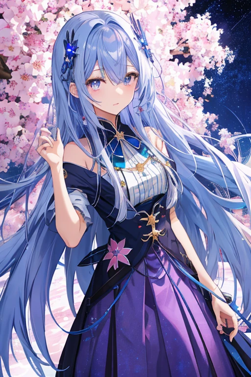 Long blue-pink hair,Blue-purple pupils,Blue and black long skirt with starry sky pattern。There is a silver moon-shaped hair ornament on the head。An idyllic girl。Stars and spring water background。Face is rounder。