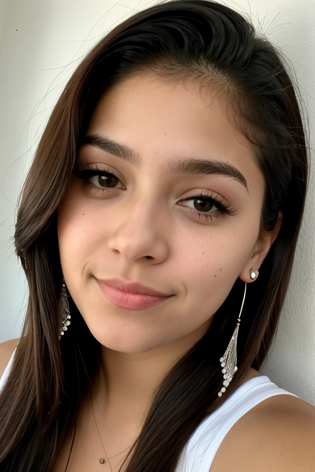 Crie uma foto de perfil realista de uma de , brasileira, bonita, cabelo escuro e pele clara, em uma pose que uma pessoa comum ficaria