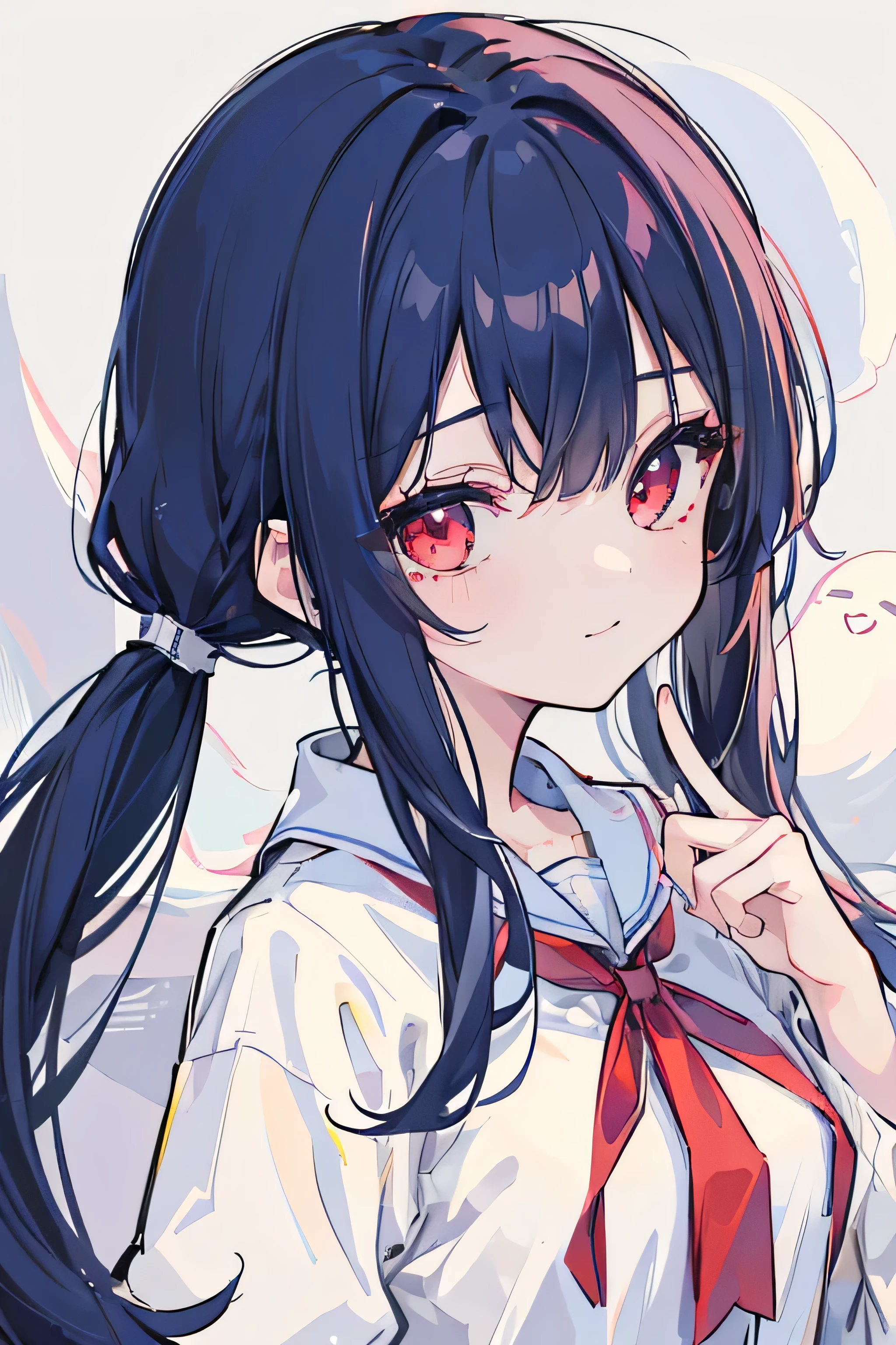 1girl, masterpiece, young girl, high quality, (dark blue hair), (straight hair), ((up twintail)), long hair, red eyes, ((detail face)), in the night, (flying above), (flying in the sky), ((with ghosts)), (cute ghosts) wearing a white jumper, (smiling)