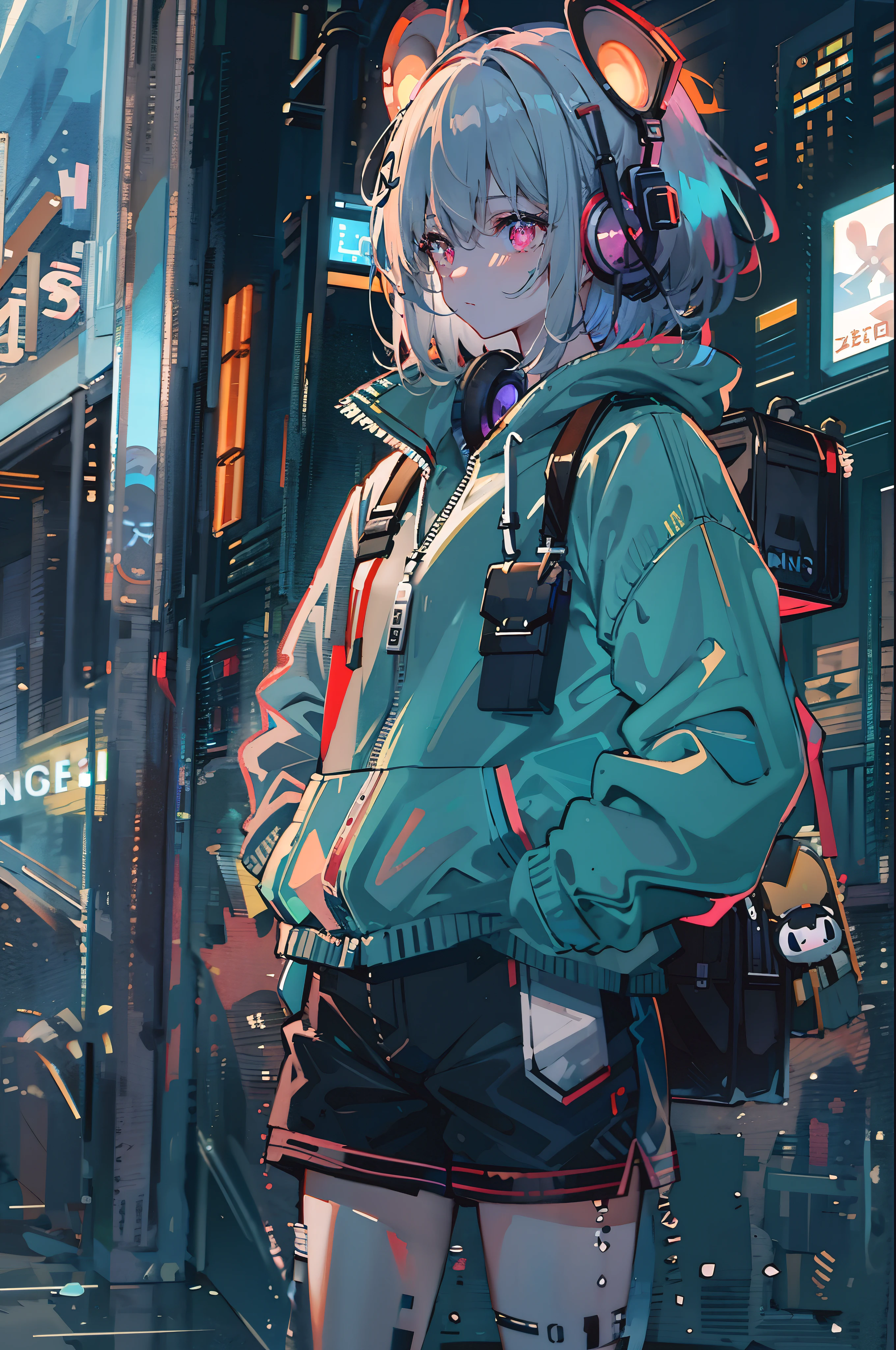 8K resolution、((highest quality))、((masterpiece))、((super detailed))、1 female、solo、incredibly absurd、oversized hoodie、headphones、street、outdoor、rain、neon、short cut hair、bright colored eyes、put one&#39;s hand in one&#39;s pocket、shorts、water dripping、downer style, neoncore, cutecore, justcallmezomb, Glitch