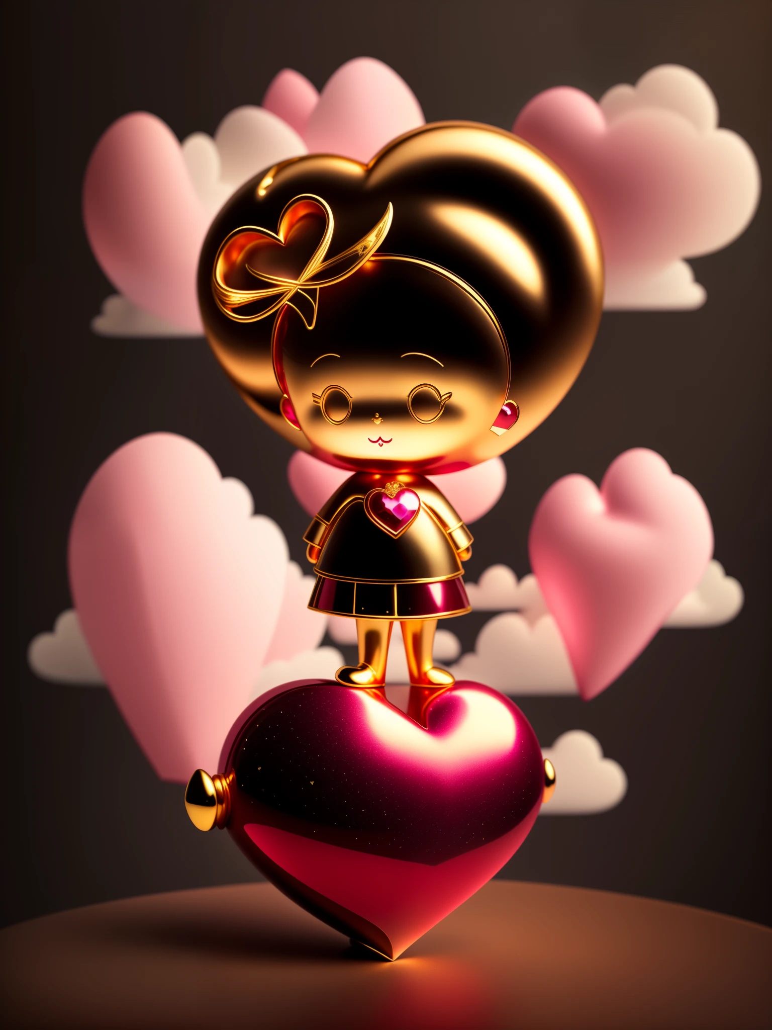 A mischievous children's statue made of a ruby heart, clouds, and gold lining, crafted in a dreamy style with a black background and minimalism,