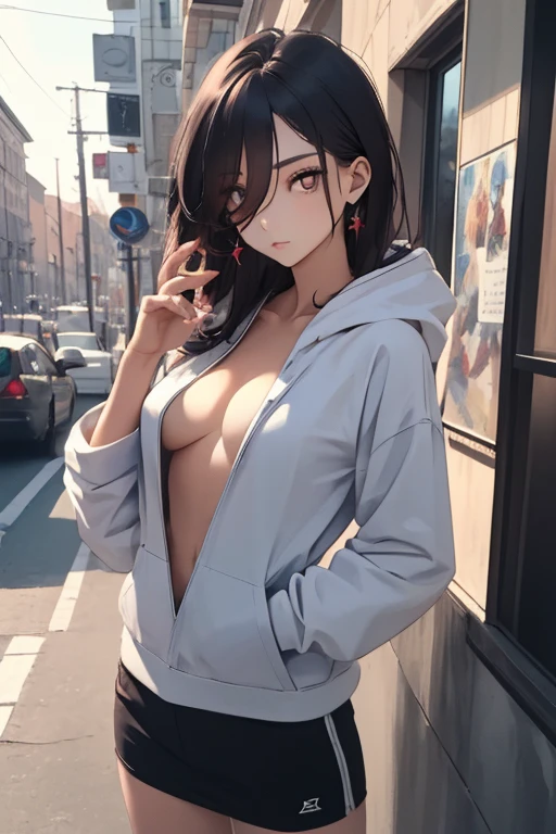 (masterpiece, exquisite beautiful eyes: 1.5), masterpiece ,1 girl,,(Beautiful red eyes),hoodie, no bra