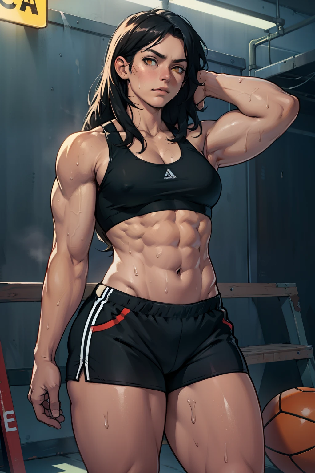 black hair, yellow eyes, solo, sweaty, shiny skin, pale skin, (((muscular, 1girl))), curvy, thin waist, very long hair, short shorts, navel, sports bra, sad expressionless cinematic lighting thick thick