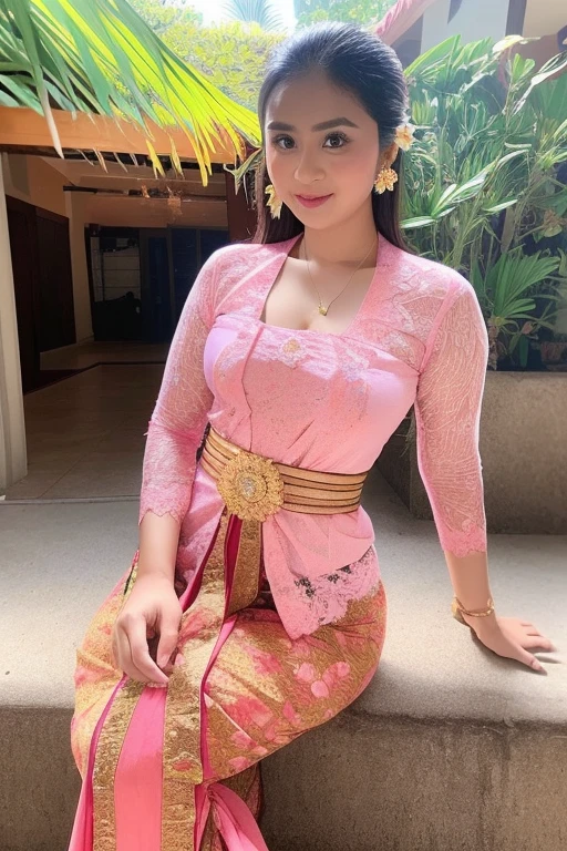 a close up of a woman in a pink dress with a flower on her belt, a picture by I Ketut Soki, tumblr, dau-al-set, nivanh chanthara, traditional beauty, traditional dress, south east asian with long, lovely woman, traditional art, in style of lam manh, sukhothai costume, traditional clothes