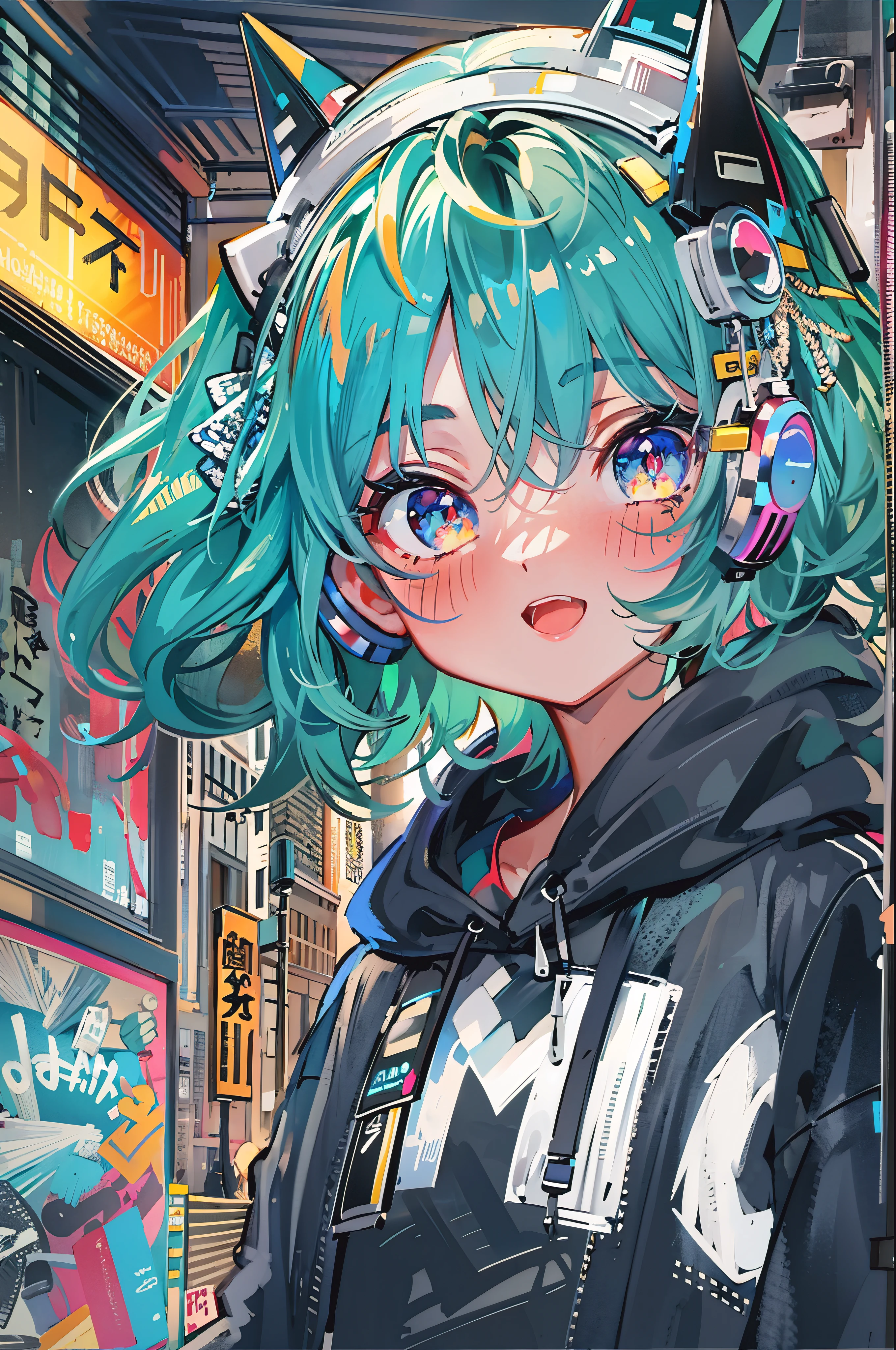 ((8K resolution))、((highest quality))、((masterpiece))、((super detailed))、1 female、solo、incredibly absurd、oversized hoodie、headphones、street、outdoor、rain、neon、short cut hair、bright colored eyes、put one&#39;s hand in one&#39;s pocket、shorts、water dripping, step piece, cool blue open short jacket, tattoo, Messy Fade Cut Hair,quirky sneakers,Eyeshadow on the eyes,unusual colored eyes, Vivid eyes,