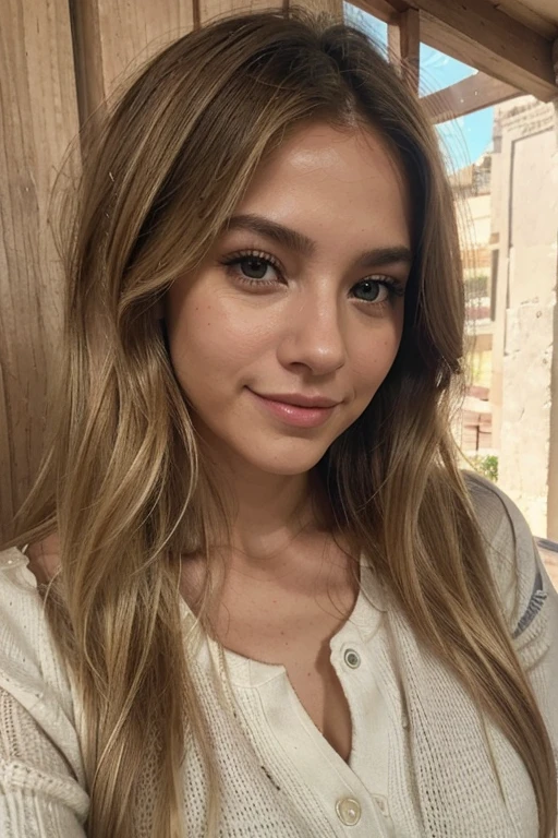 A 23-year-old blonde woman, ((pechos grandes)), ((hiperrealismo)) ,. blonde hair with light brown roots. cabello rubio, Hair with brown roots, cabello extra largo, cabello muy largo, Cabello muy largo, hermoso, perfil, Foto tomada de perfil con iPhone 15 pro, alta calidad, ojos verdes, labios carnosos, profundidad de campo, sonriendo, jaquet, extremadamente detallado, invierno, frio