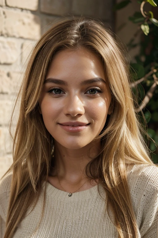 A 23-year-old blonde woman, ((pechos grandes)), ((hiperrealismo)) ,. blonde hair with light brown roots. cabello rubio, Hair with brown roots, cabello extra largo, cabello muy largo, Cabello muy largo, hermoso, perfil, Foto tomada de perfil con iPhone 15 pro, alta calidad, ojos verdes, labios carnosos, profundidad de campo, sonriendo, jaquet, extremadamente detallado, invierno, frio