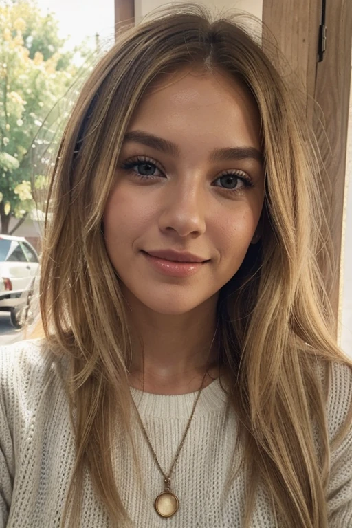 A 23-year-old blonde woman, ((pechos grandes)), ((hiperrealismo)) ,. blonde hair with light brown roots. cabello rubio, Hair with brown roots, cabello extra largo, cabello muy largo, Cabello muy largo, hermoso, perfil, Foto tomada de perfil con iPhone 15 pro, alta calidad, ojos verdes, labios carnosos, profundidad de campo, sonriendo, jaquet, extremadamente detallado, invierno, frio