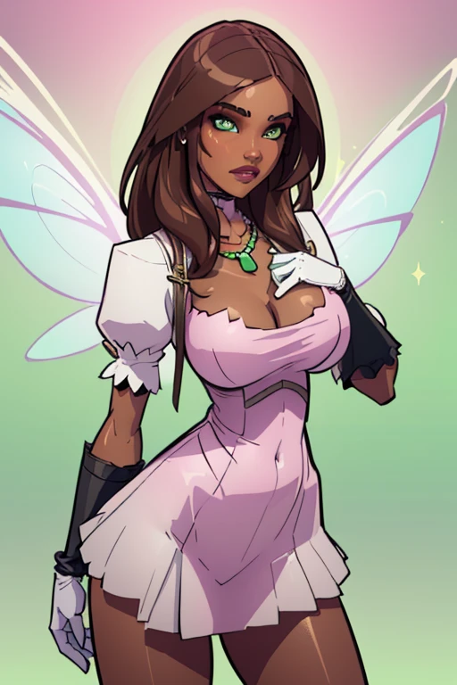 (masterpiece, best quality:1.2), balsamique, 1girl, solo, breasts, large breasts, volumetric lighting, (Flora), (dark skin, brown hair, blonde hair strips, green eyes), (FairyOutfit), (pink dress, pink gloves, sparkling outfit, flower necklace, green fairy wings), (white solid background:1.5), (realistic:1.2), (masterpiece:1.2), (full-body-shot:1),(Cowboy-shot:1.2), neon lighting, dark romantic lighting, (highly detailed:1.2),(detailed face:1.2), (gradients), colorful, detailed eyes, (natural lighting:1.2), (neutral standing pose:1.2), (solo, one person, 1girl:1.5),
 