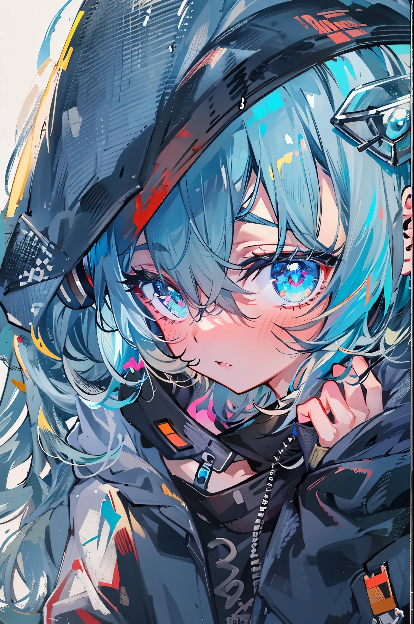 ((8K resolution))、((highest quality))、((masterpiece))、((super detailed))、1 female、solo、incredibly absurd、oversized hoodie、headphones、street、outdoor、rain、neon、short cut hair、bright colored eyes、put one's hand in one's pocket、shorts、water dripping, step piece, cool blue open short jacket, tattoo, Messy Fade Cut Hair,quirky sneakers,Eyeshadow on the eyes,unusual colored eyes, Vivid eyes,