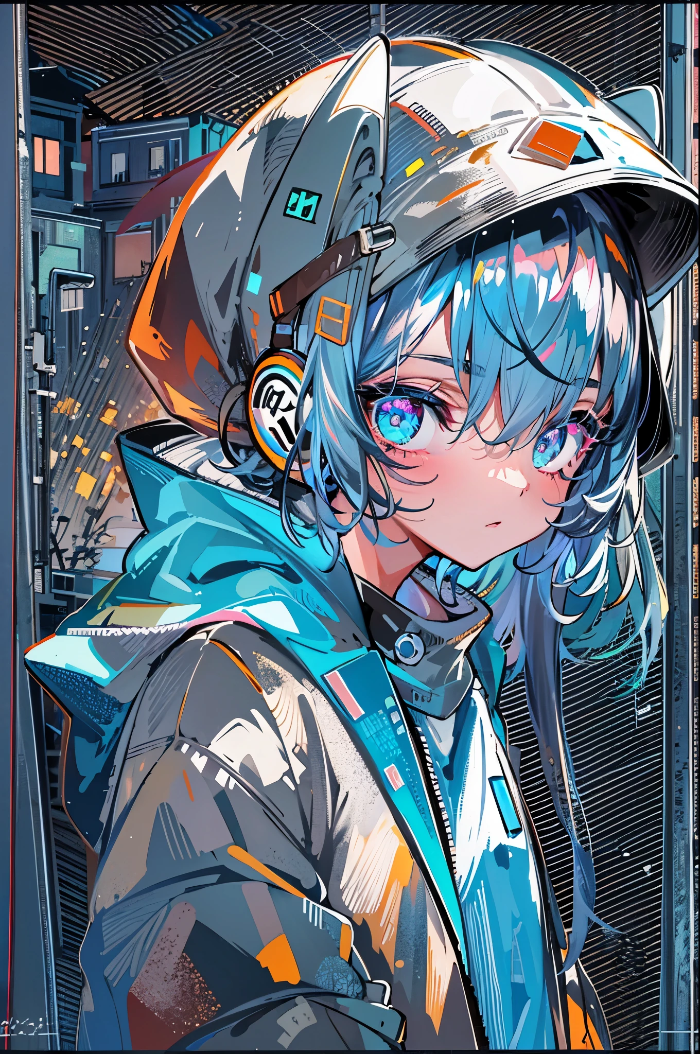 ((8K resolution))、((highest quality))、((masterpiece))、((super detailed))、1 female、solo、incredibly absurd、oversized hoodie、headphones、street、outdoor、rain、neon、short cut hair、bright colored eyes、put one's hand in one's pocket、shorts、water dripping, step piece, cool blue open short jacket, tattoo, Messy Fade Cut Hair,quirky sneakers,Eyeshadow on the eyes,unusual colored eyes, Vivid eyes,