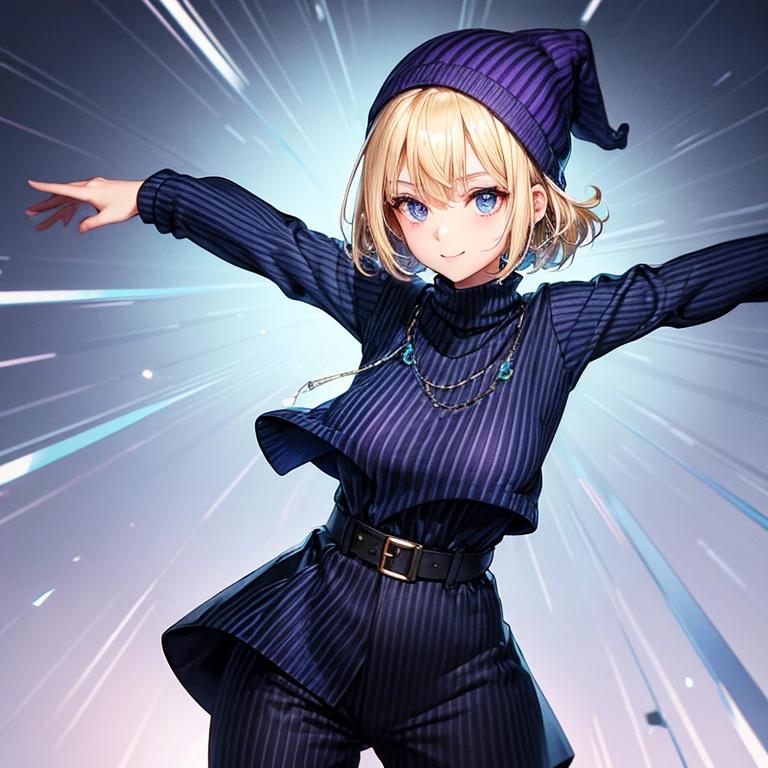 A 30 year old slender girl(( )), blonde hair (( straight short hair ))(( a bit smooth curl)), Wearing a sweater(( colored blue, black vertical stripes)), anorak ((purple and indigo )), and black long pants,white beanie and deep blue muffler, bright smile (( the corners of her mouth rise)), round crystal blue eyes, a gentle wind blowing at a field , pose of looking back, stretch her arms forward