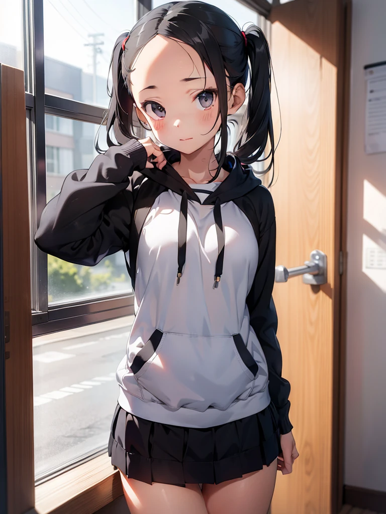 ((no panties)), School, gray hoodie, music room girl photo, Low twintail, ((Forehead)), whole body, (slender),