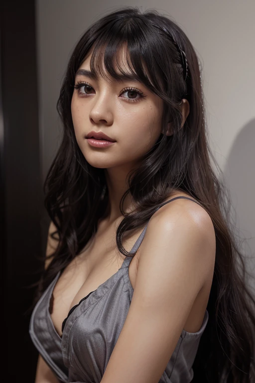 Detailed art, 3d character portrait, high resolution portrait, girl with Brazilian and Asian features, Japanese-like eyes, small and elegant lips, wavy hair with long bangs that extend a little past her light brown shoulders, deep gray eyes , soft purple and black eye makeup, elegant broad shoulders, in elegant black dress