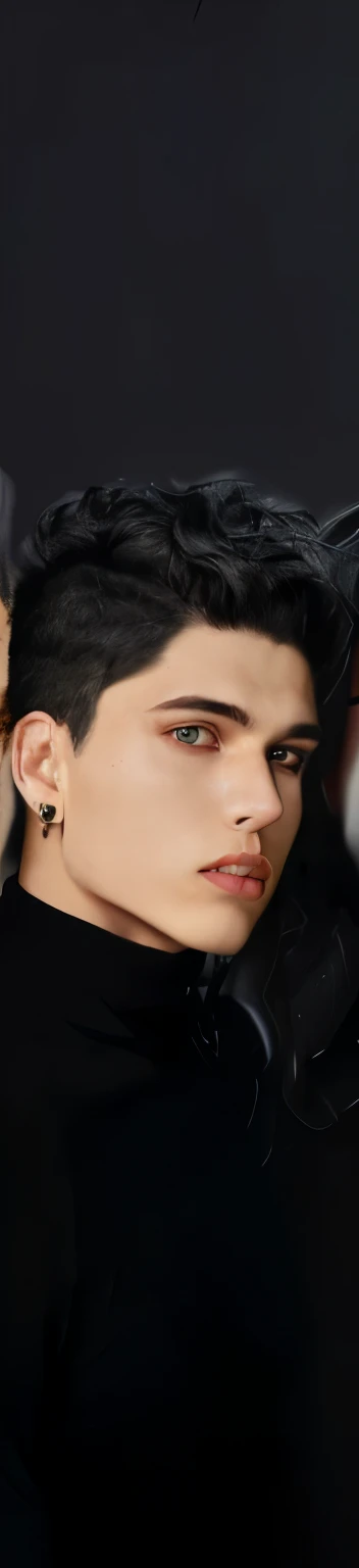 A handsome 20-year-old boy, he is wearing a black turtleneck with long sleeves, and is wearing a black cross earring, close-up of the bust and face, photoshoot, fashion editorial, fashion style, editorial.