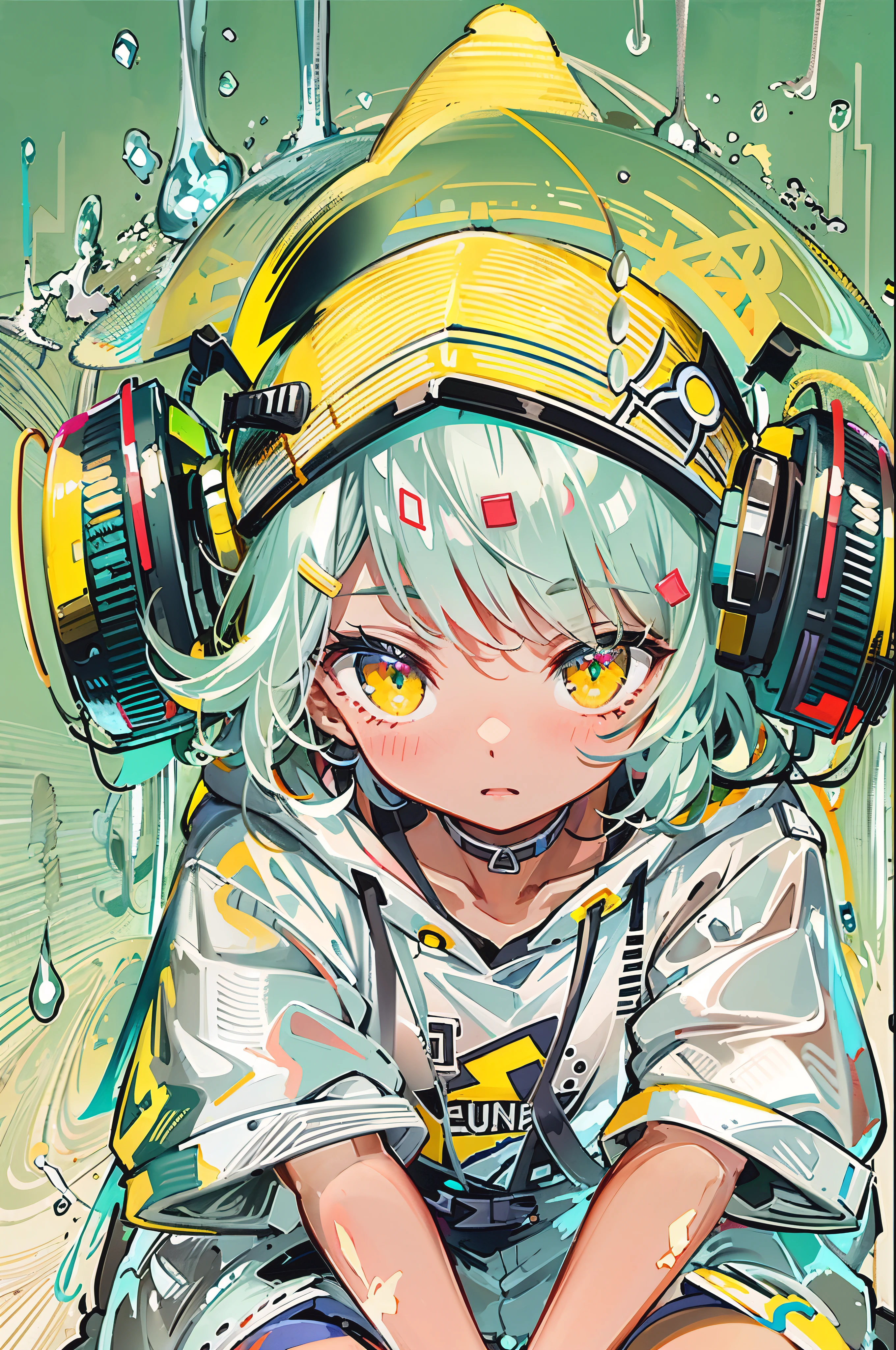 8K resolution、((highest quality))、((masterpiece))、((Super detailed))、1 female、alone、incredibly absurd、oversized hoodie、headphones、street、yellow background、rain、Fluorescent neon、short cut hair、light colored eyes、put one&#39;Hand in hand&#39;pocket of、shorts、water dripping、unusual colored eyes, bright eyes