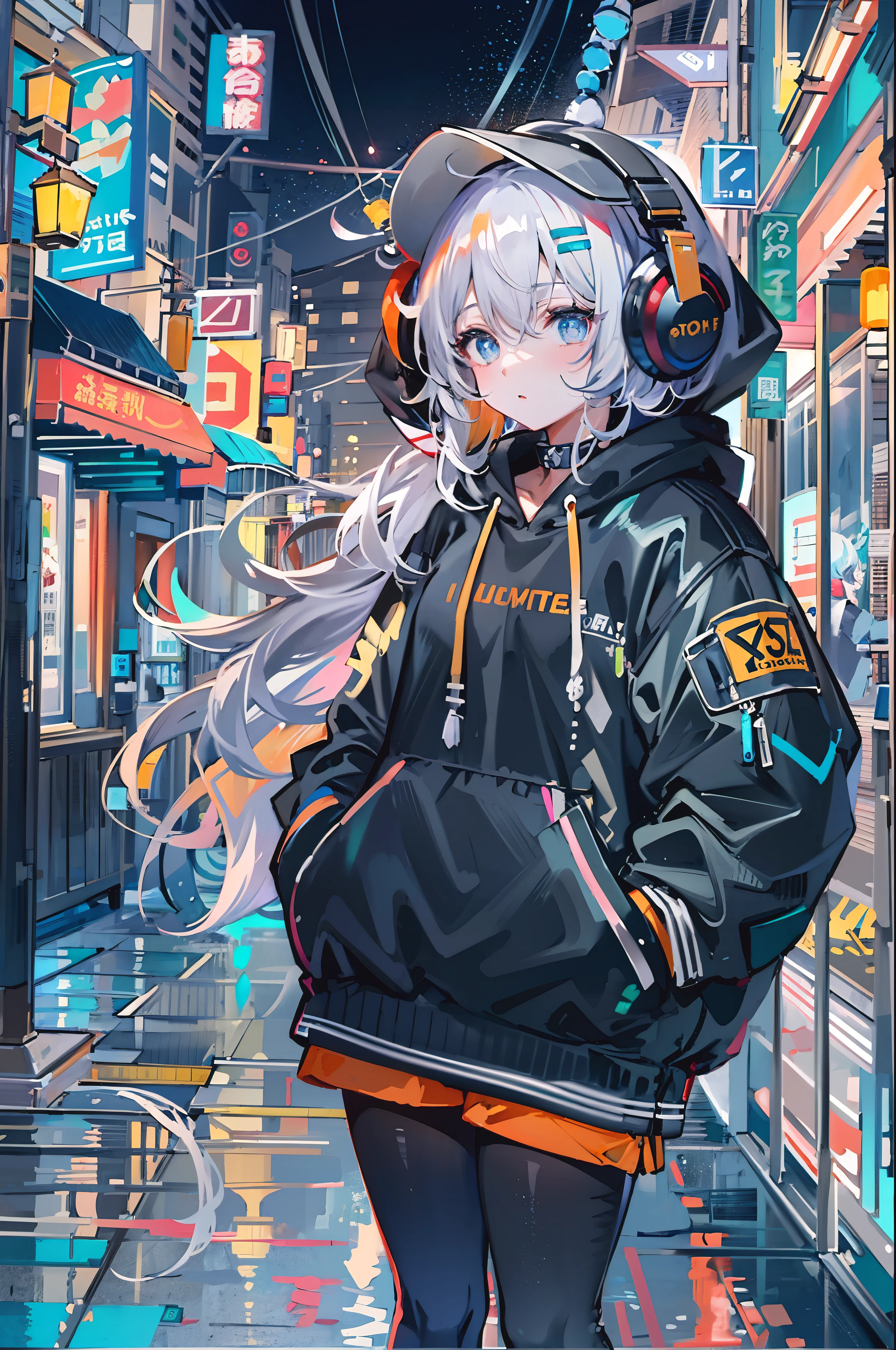8K resolution、((highest quality))、((masterpiece))、((super detailed))、1 female、solo、incredibly absurd、oversized hoodie、headphones、street、outdoor、rain、neon、short cut hair、bright colored eyes、put one&#39;s hand in one&#39;s pocket、shorts、water dripping