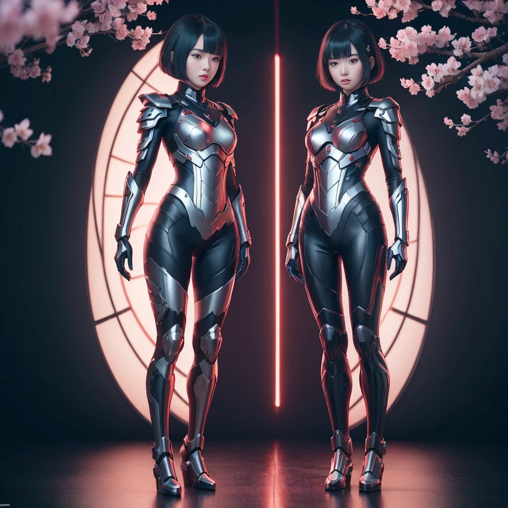 (((full body photo))) (((3girl))),  beautiful japanese young woman, wearing ninja armor, thick symmetrical features, very short hair, background is cherry blossoms, silver aura, red lips, octane render,