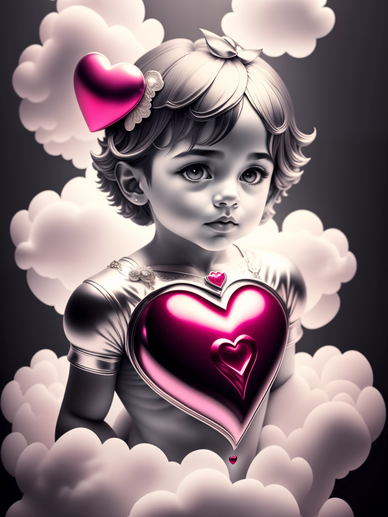 A mischievous child's chest is adorned with a statue of a ruby heart, made of clouds and silver lining, crafted in a dreamy style with a black background and minimalism,