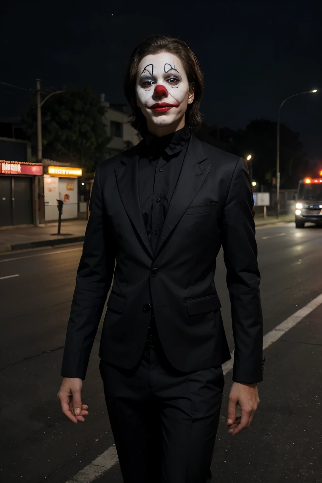 melhor qualidade, a man in black clothes with a clown mask, muito realista, corpo todo, andando na estrada de noite, com luzes, terror, ultra realista