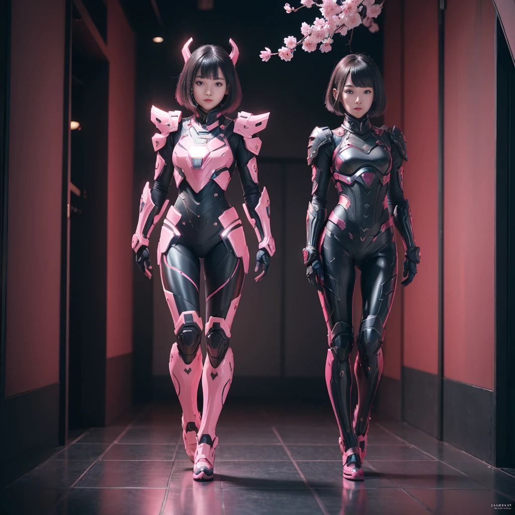 (((full body photo))) (((3girl))),  beautiful japanese young woman, wearing ninja armor, thick symmetrical features, very short hair, background is cherry blossoms, pink aura, red lips, octane render,