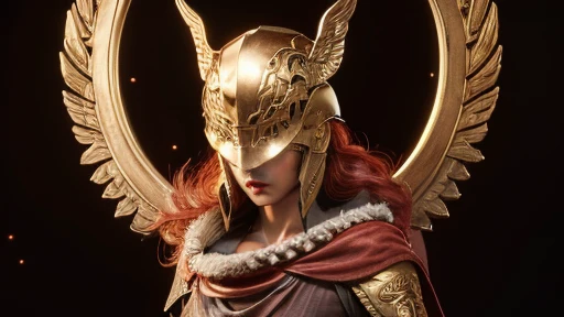 woman with sword and red cape, by Kanō Tan'yū, Déesse Athena, dame en armure rouge, Athena, goddess of wisdom, Greek Déesse Athena, Detailed image, golden Déesse Athena, persephone sculpture, inspired by Kanō Hōgai, golden helmet with golden wings close-up of the whole body, mountains background with sunlight, Torse nu, Beau corps, Peau 4k, defined red lips, closed helmet