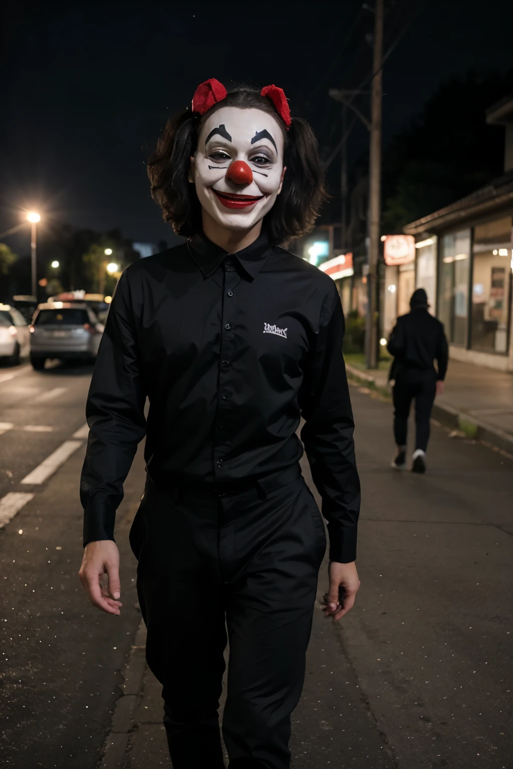 melhor qualidade, a man in black clothes with a clown mask, muito realista, corpo todo, andando na estrada de noite, com luzes, terror, ultra realista