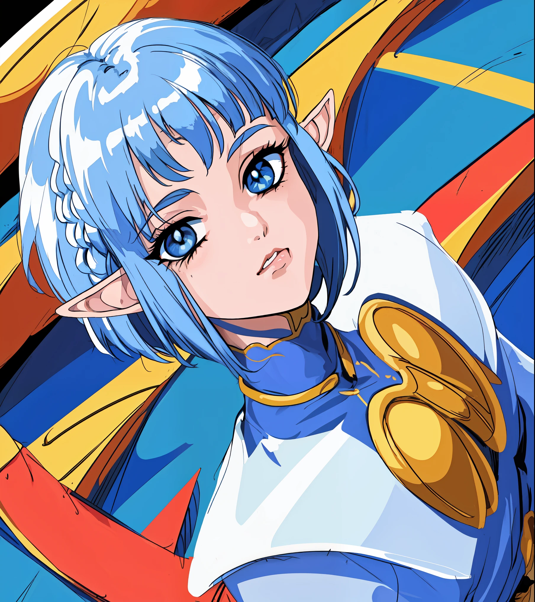 8k, 4k, (highres:1.1), best quality, (masterpiece:1.3), 1990s \\(style\\), retro artstyle, fantasy, background, portrait, face, 3/4 angle, 1girl, female elf, Olive Skin, blue eyes, white hair, short bob haircut, multiple braids, 