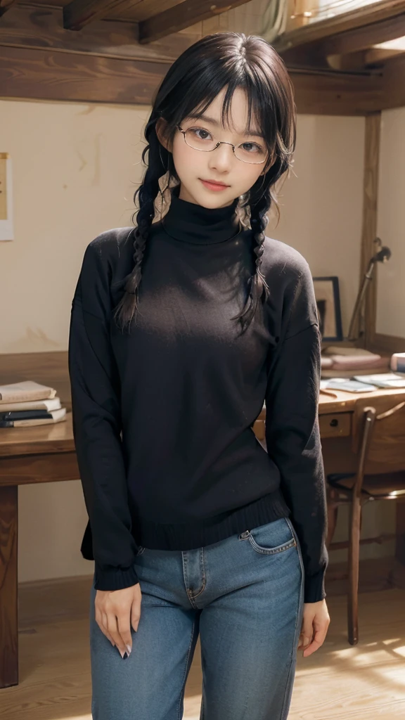 masterpiece,highest quality,one woman,Japanese people in their 20s,(black hair,very short hair,two braids,curly hair),(symmetrical beauty,thick eyebrows,dark eyebrows,realistic eyes,double eyelid,droopy eyes,thick lips),(smile,shy smile,open your mouth and laugh), (glasses,縁が薄いglasses,小さいglasses,レンズが小さいglasses,square lens),(wheat-colored skin,I cup breasts,Slightly plump body type),(jacket:long beige coat,inside:long black turtleneck sweater,pants:dark blue long jeans,brown shoes),Are standing,The background is an office,(face directly toward the camera,looking directly at the viewer,looking at the camera,The whole body is facing towards the viewer.,whole body facing towards the camera,face looks straight into the camera).