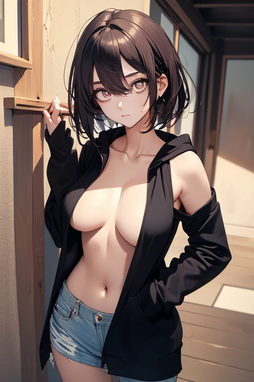 (masterpiece, exquisite beautiful eyes: 1.5), masterpiece ,1 girl,cute face,(Beautiful red eyes),large breasts,hoodie, no bra:1.2