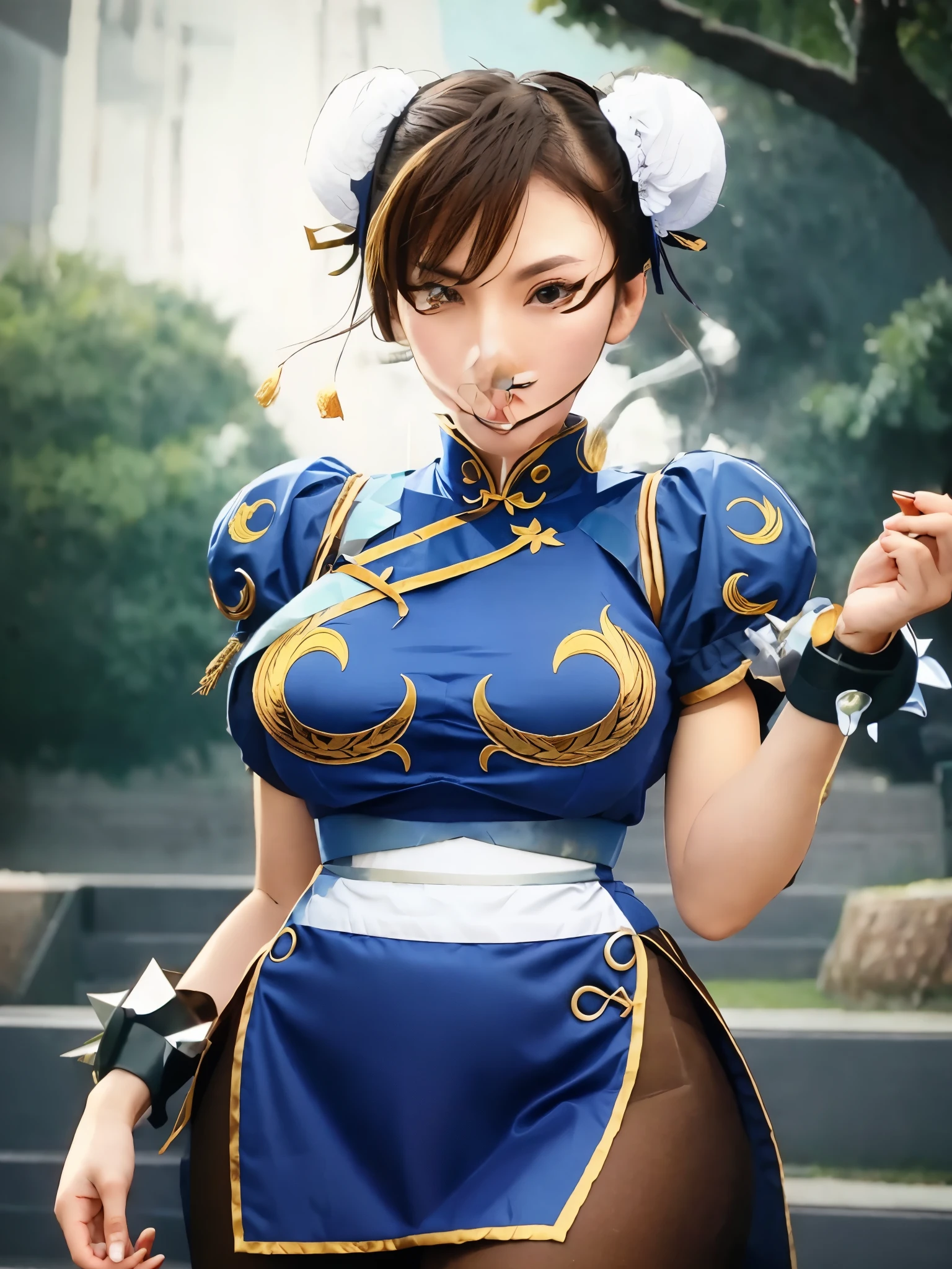 girls dressed in blue and gold uniform holding a knife, portrait of chun - li, portrait of chun li, chun li, chun - li, chun-li, ultra realistic