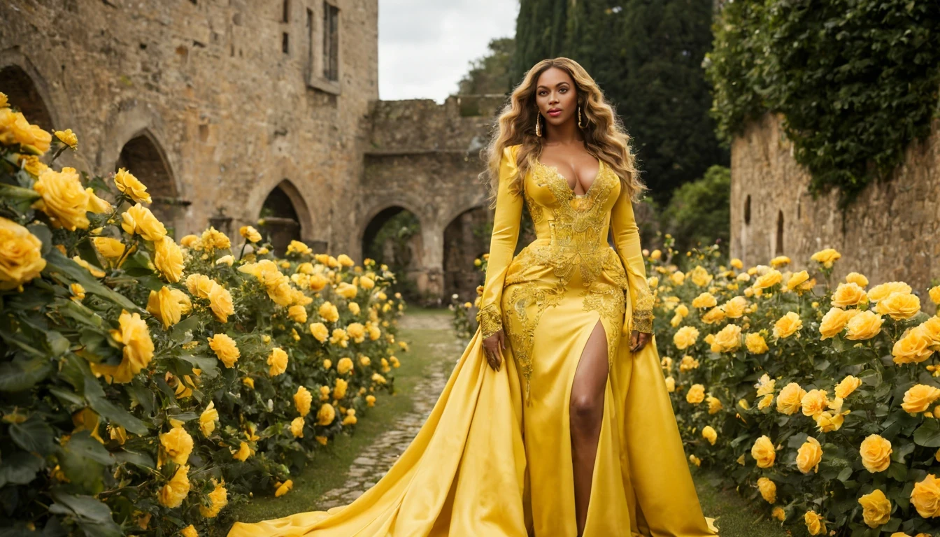 Linda garota "beyonce", vestidos eda longo Amarelo ouro, de corpo inteiro, jardim de flores de rosa delicado e lindo, in a medieval setting, chovendo e raios.