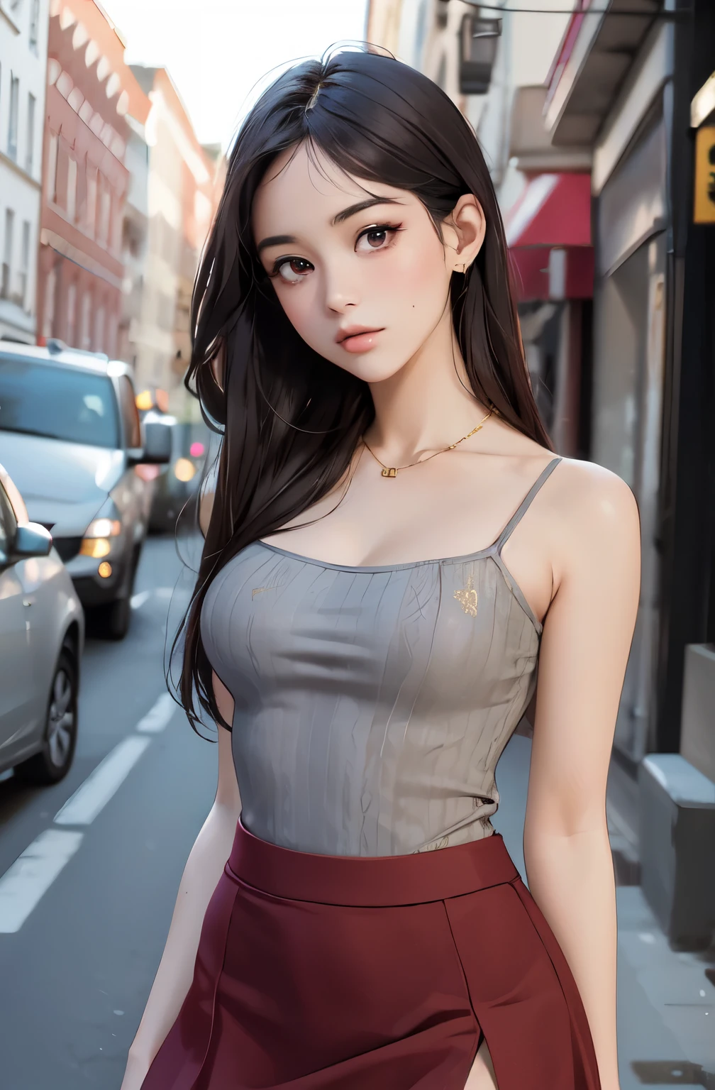 A very beautiful girl is happy in the background robot city