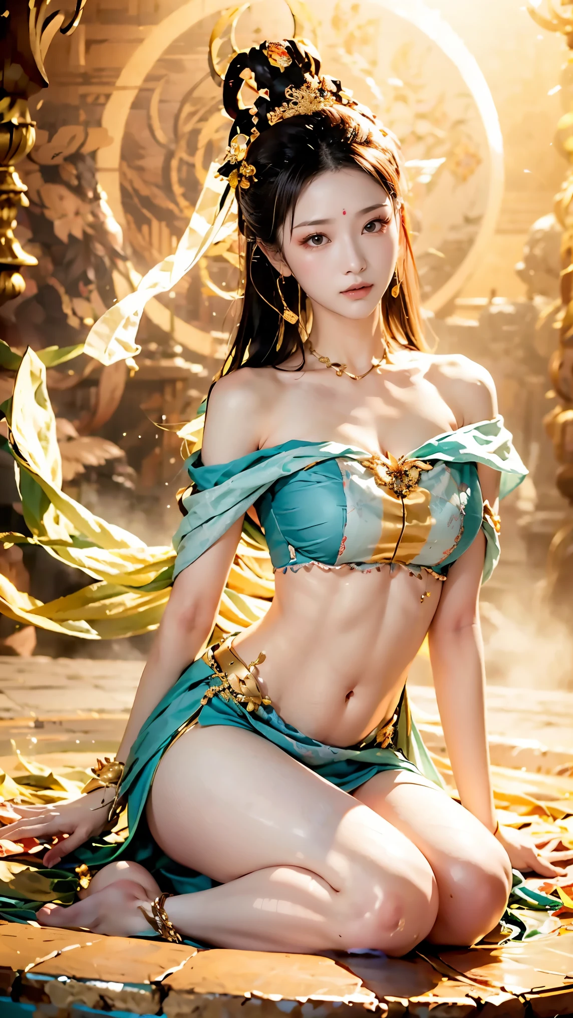 8k,best quality,Work,Very detailed,ultra high definition,feels,beautiful wallpaper,best masterpiece,Tyndall effect,Reality,Highest rendering,extremely beautiful face,ultra high definition晰度,exquisite facial expressions,Detailed description of face,Delicate hair features,look up,hair past shoulders,best quality,extremely high resolution。The heroine sits on the stones of the pool,take off shoulders,clavicle,White bellyband,belly button,Will,Like the big shot opening,Revealing the charming Taohuayuan Yuzu model: Character 2, CFG scale: 7, Hire high-end talents: 1.5