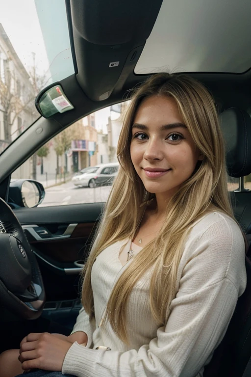 A 23-year-old blonde woman, ((pechos grandes)), ((hiperrealismo)) ,. blonde hair with light brown roots. cabello rubio, Hair with brown roots, cabello extra largo, cabello muy largo, Cabello muy largo, hermoso, perfil, SELFIE con iPhone 15 pro, alta calidad, ojos verdes, labios carnosos, fondo desenfocado, sonriendo, extremadamente detallado, invierno, frio, en el interior de un coche, no duplicar fondo, interior de coche perfecto, 