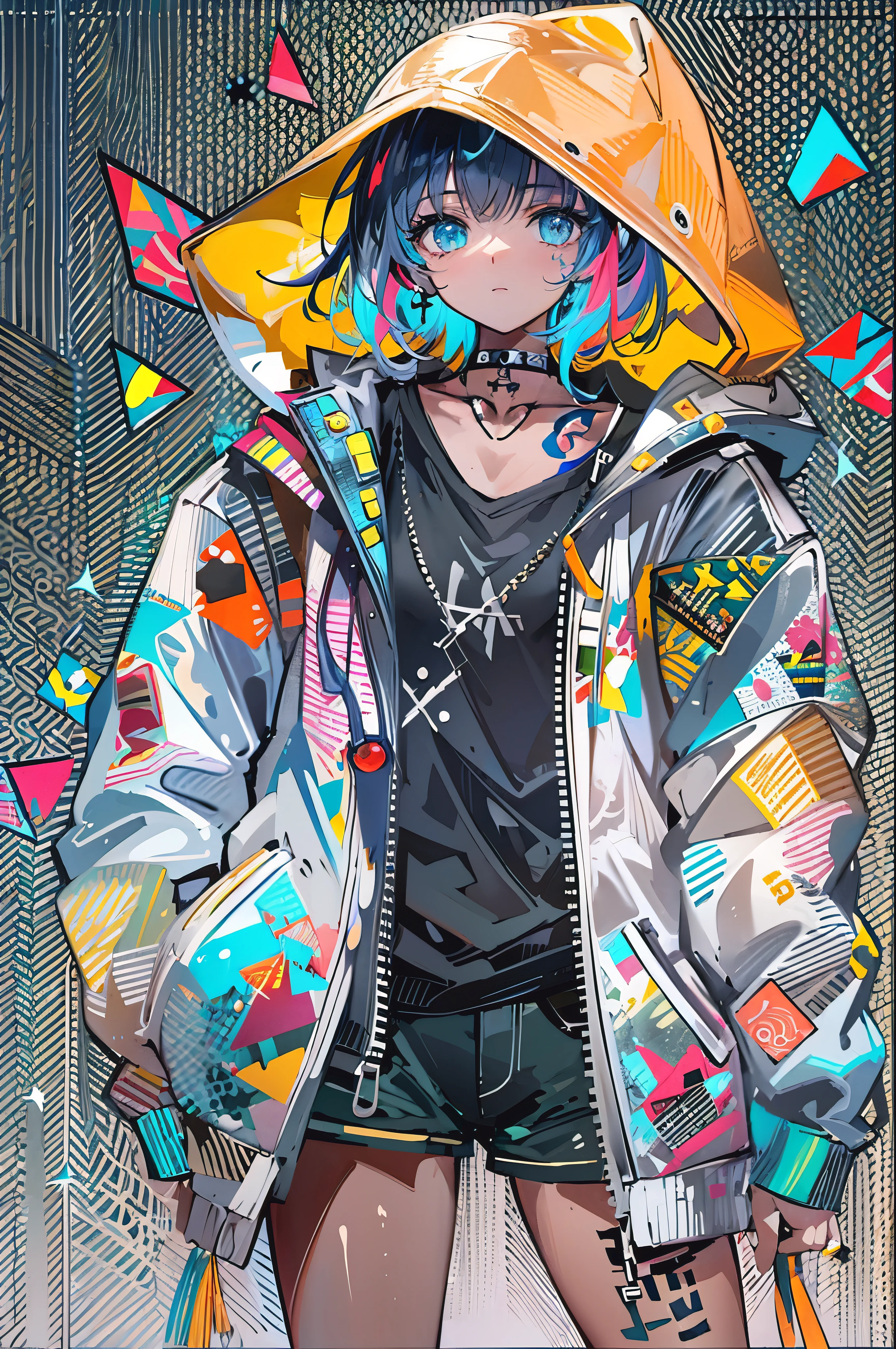 ((8K resolution))、((highest quality))、((masterpiece))、((Super detailed))、1 female、alone、incredibly absurd、oversized hoodie、headphones、street、outdoor、rain、neon、short cut hair、light colored eyes、put one'Hand in hand'pocket of、shorts、water dripping, step piece, cool blue open short jacket, tattoo, Messy Fade Cut Hair,quirky sneakers,Eyeshadow on the eyes,unusual colored eyes, bright eyes,