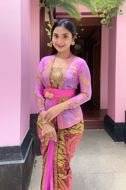 a woman in a pink and purple dress standing on a paved walkway, a picture inspired by I Ketut Soki, instagram, happening, wearing an ornate outfit, traditional beauty, with beautiful exotic, wearing pink floral chiton, batik, traditional dress, wearing beautiful clothes, traditional clothes, wearing traditional garb, wearing sari, with lovely look, very beautiful enga style