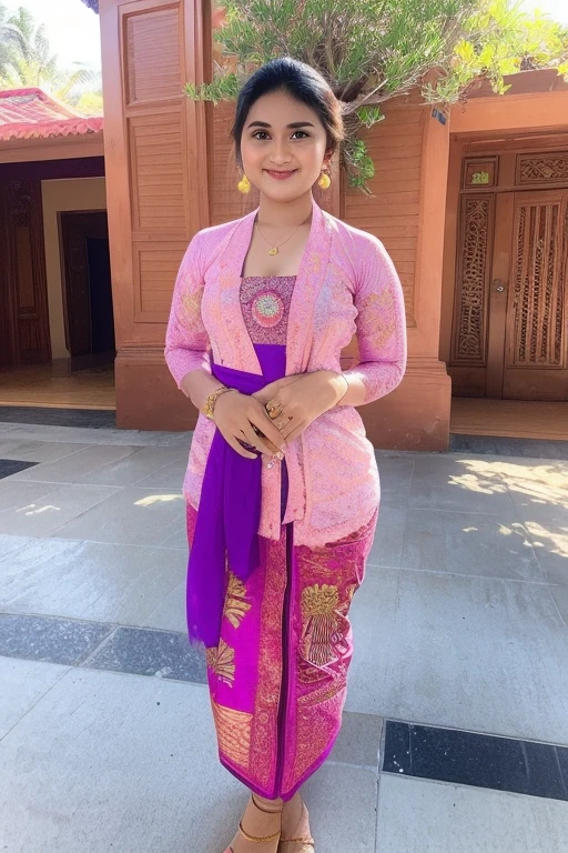 a woman in a pink and purple dress standing on a paved walkway, a picture inspired by I Ketut Soki, instagram, happening, wearing an ornate outfit, traditional beauty, with beautiful exotic, wearing pink floral chiton, batik, traditional dress, wearing beautiful clothes, traditional clothes, wearing traditional garb, wearing sari, with lovely look, very beautiful enga style